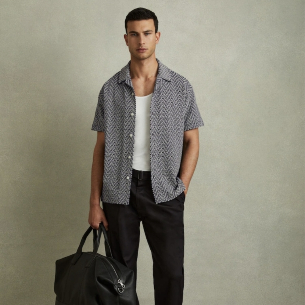 Reiss Mens Black And White Pattern Cuban Shirt